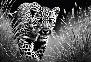 baby leopard walking straight with gras in the background tattoo idea