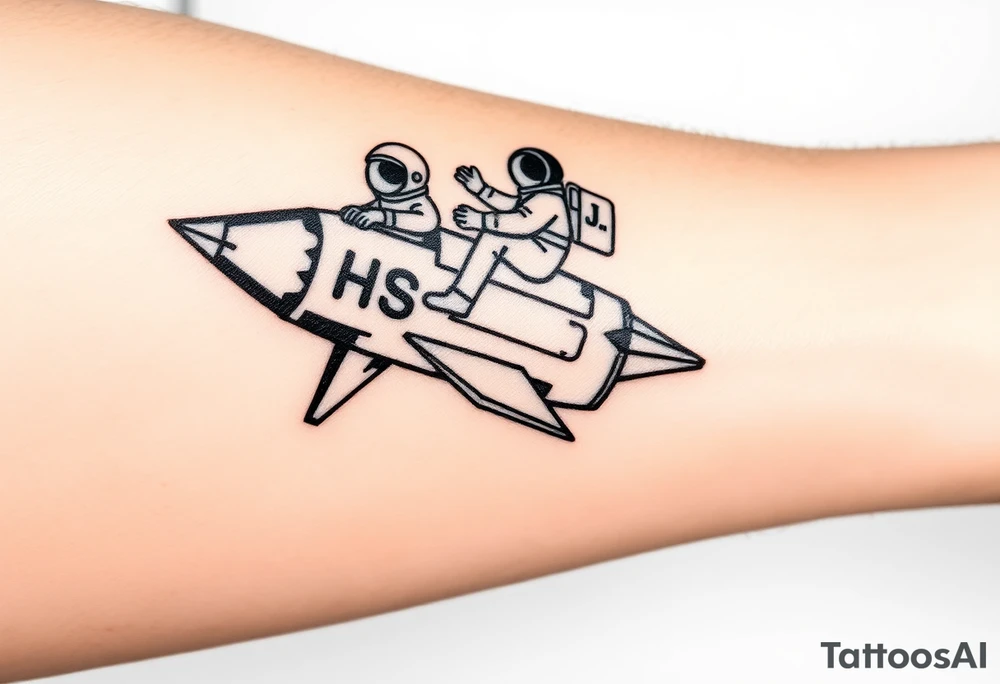 Busted Rocket ship with sparks coming out the back  with astronaut riding it. It has LHS written on it and K and J on the nose tattoo idea