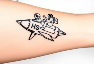 Busted Rocket ship with sparks coming out the back  with astronaut riding it. It has LHS written on it and K and J on the nose tattoo idea