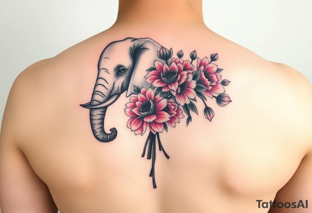 elephant holding a bouquet of small pink peonies tattoo idea