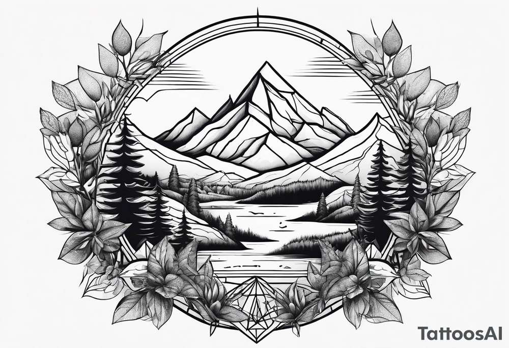 geometric dense vegetation with mountains below tattoo idea