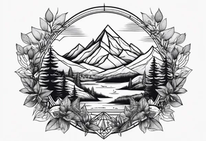 geometric dense vegetation with mountains below tattoo idea