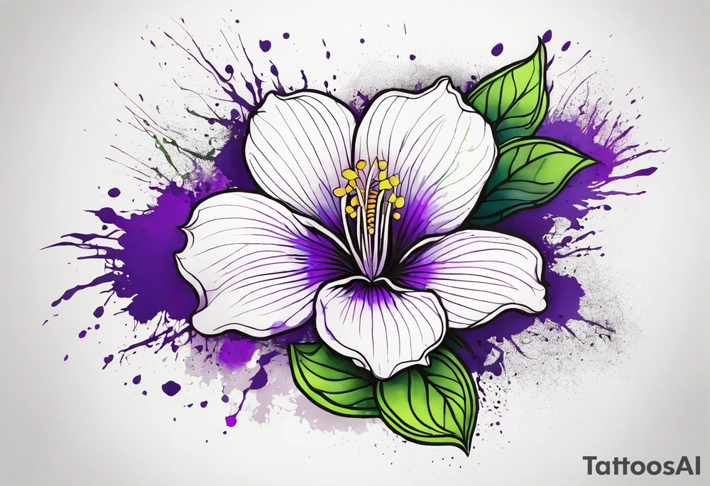 A mystical outline of a rio dipladenia flower and a green/purple watercolor splash in the background tattoo idea
