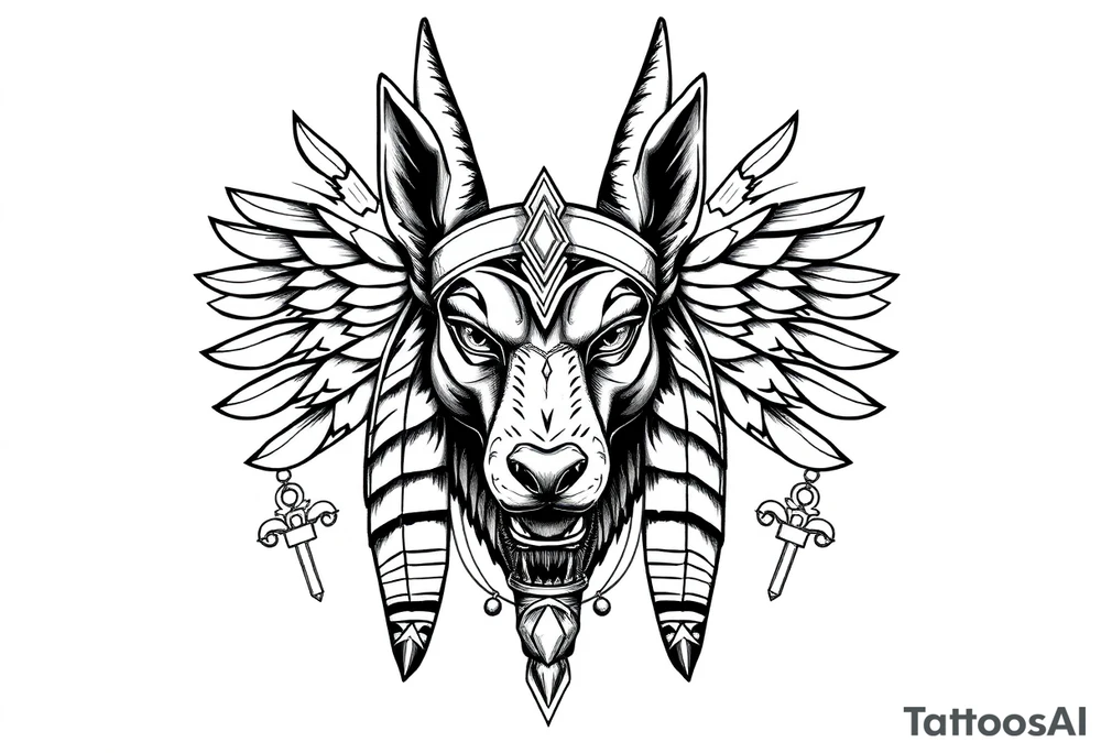 Egyptian Anubis god face muscle in Egypt style  with mantle on head

dog face surrounded Egyptian symbols based on elements tattoo idea
