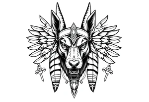 Egyptian Anubis god face muscle in Egypt style  with mantle on head

dog face surrounded Egyptian symbols based on elements tattoo idea