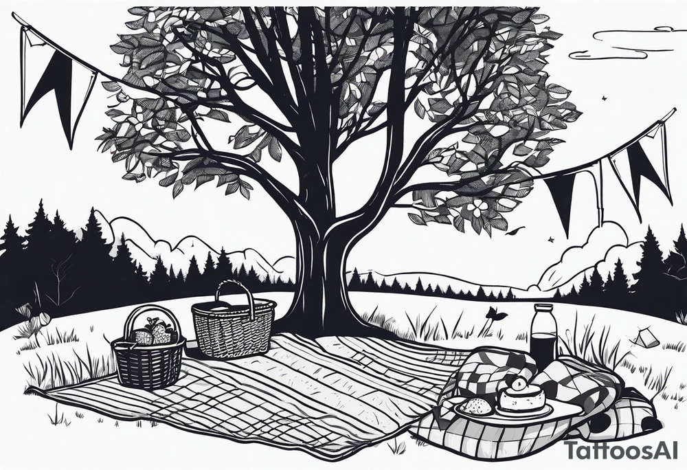picnic scene by a tree on a meadow. with a sheckers blanket, basket, pillows and party pennants. Thin lines. tattoo idea