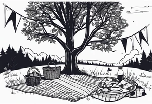 picnic scene by a tree on a meadow. with a sheckers blanket, basket, pillows and party pennants. Thin lines. tattoo idea
