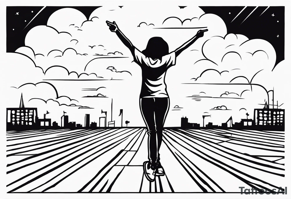 Ugly woman standing with bent knees on a dancefloor pointing her fingers up in the sky yelling "woop woop" tattoo idea