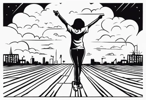 Ugly woman standing with bent knees on a dancefloor pointing her fingers up in the sky yelling "woop woop" tattoo idea