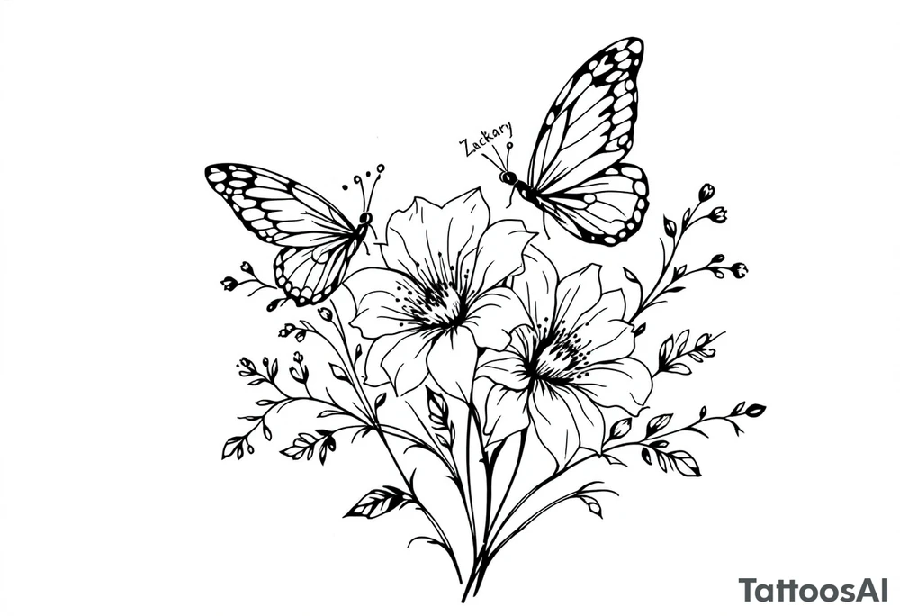 A delicate and highly detailed tattoo design featuring elegant flowers and two butterflies, symbolizing family, love, and the bond between a mother and her children. The flowers, such as lilies or peonies, represent protection, beauty, and unconditional love. Two butterflies gracefully flying around the flowers symbolize the children, Zackary and Charlie, representing their growth and freedom. Their names should be subtly integrated into the design, either along the stems of the flowers, within the butterfly wings, or in an elegant script flowing naturally with the composition. tattoo idea