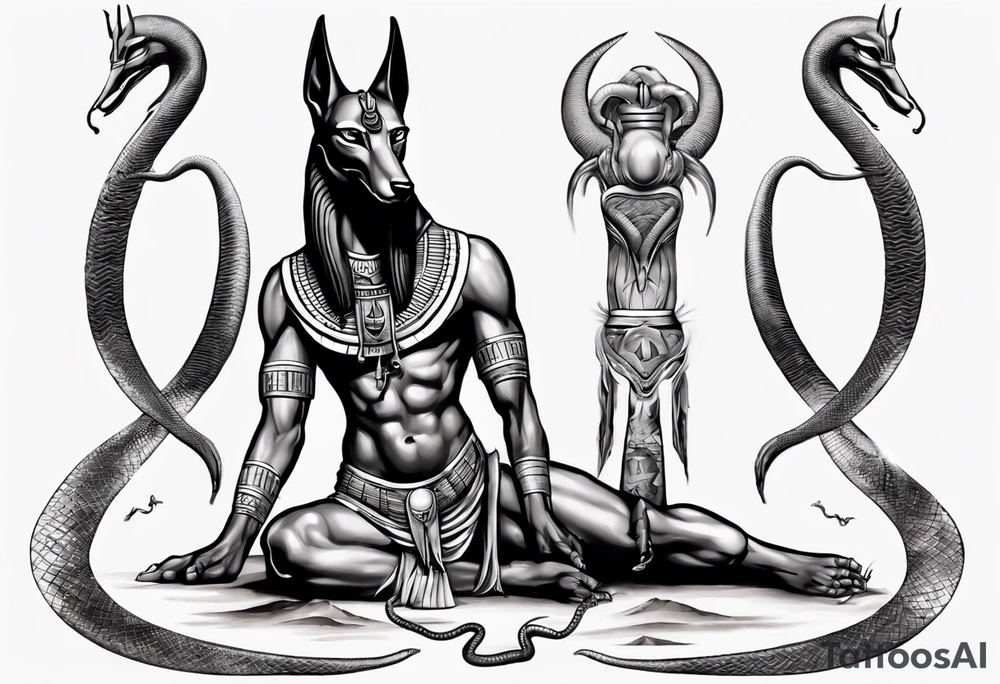 Egyptian god Anubis with snakes next to him in the desert tattoo idea