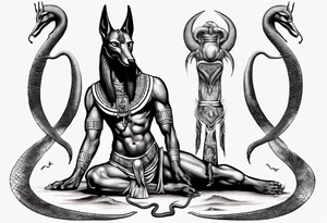 Egyptian god Anubis with snakes next to him in the desert tattoo idea