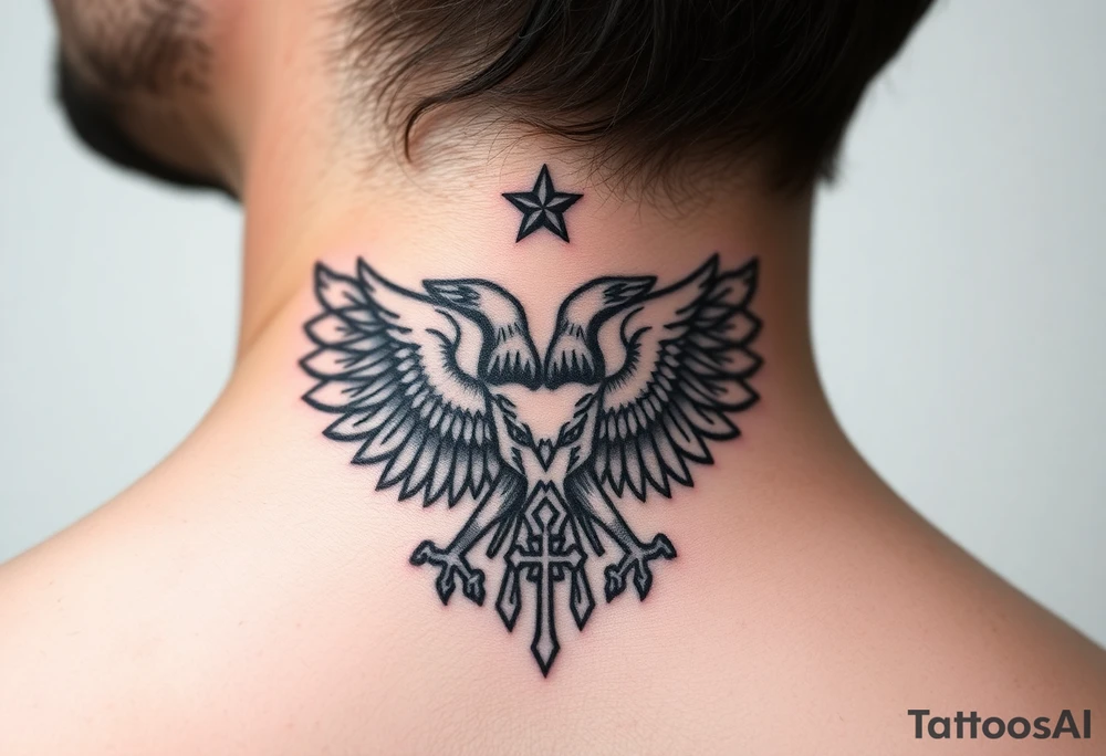Double-headed eagle outline only (no shading) — suits neck skin which ages differently
Star above, small orthodox cross below tattoo idea