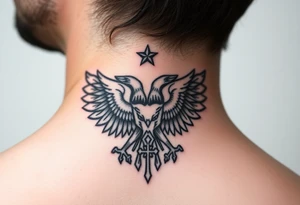 Double-headed eagle outline only (no shading) — suits neck skin which ages differently
Star above, small orthodox cross below tattoo idea