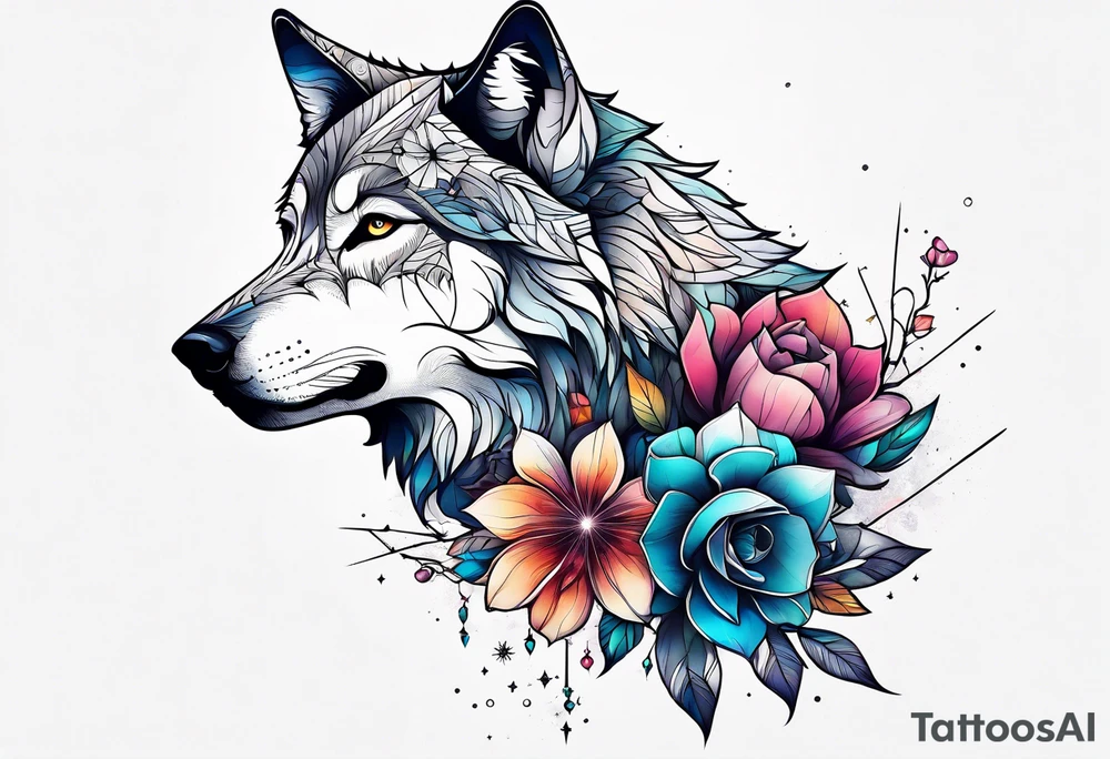 Constellation, animal wolf snow , géométric , flower tattoo idea