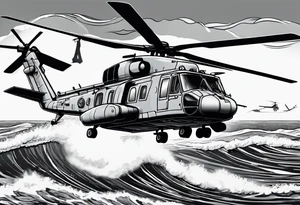 Canadian military grey CH-148 Cyclone helicopter soaring low over rough, ocean waves. In the background, a poppy be prominently displayed tattoo idea