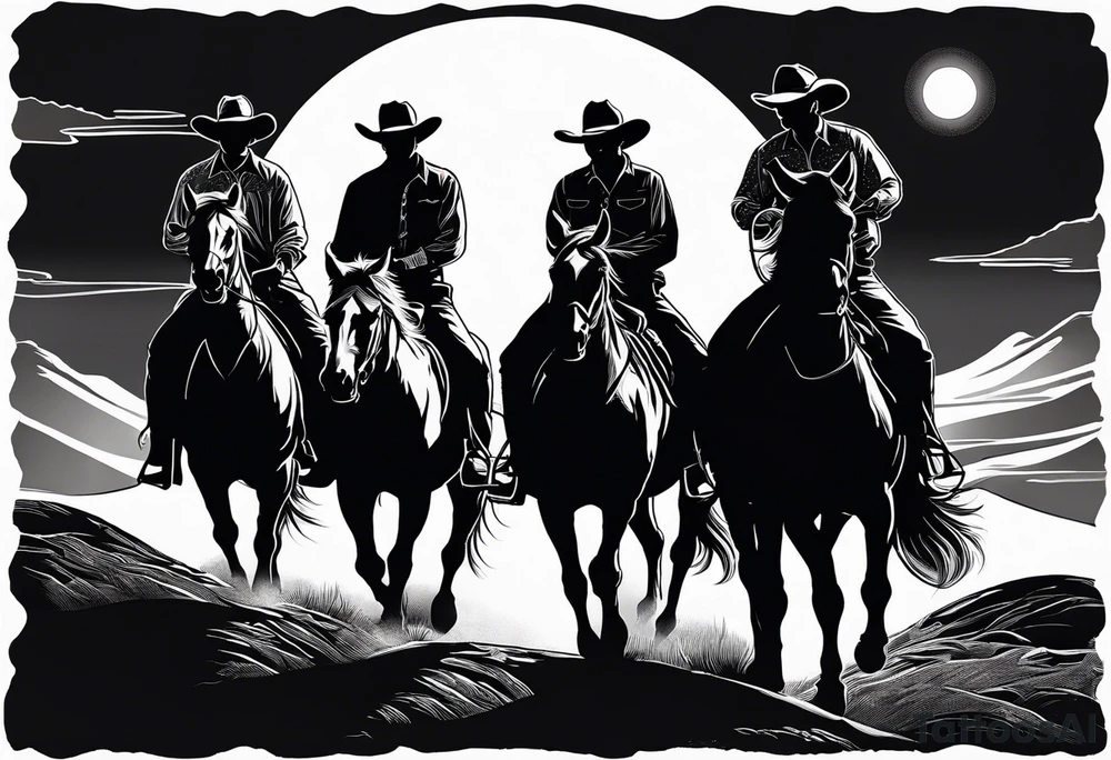 Four cowboys on horses in the moonlight on a dusty trail tattoo idea