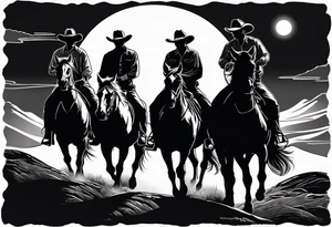 Four cowboys on horses in the moonlight on a dusty trail tattoo idea