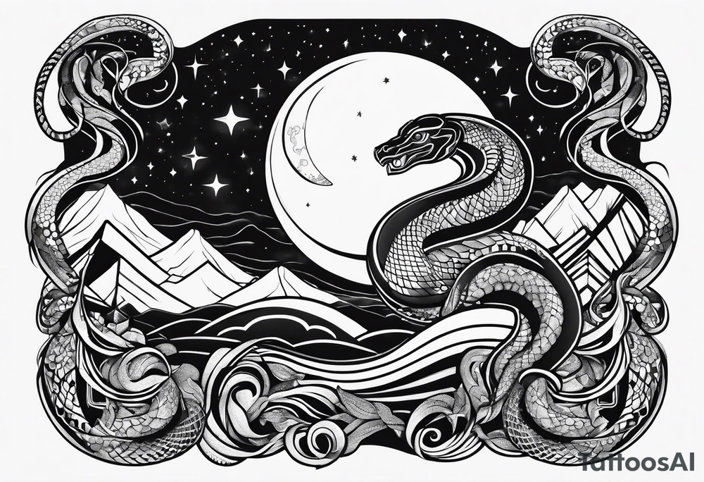 Moon, snake, cosmos tattoo idea