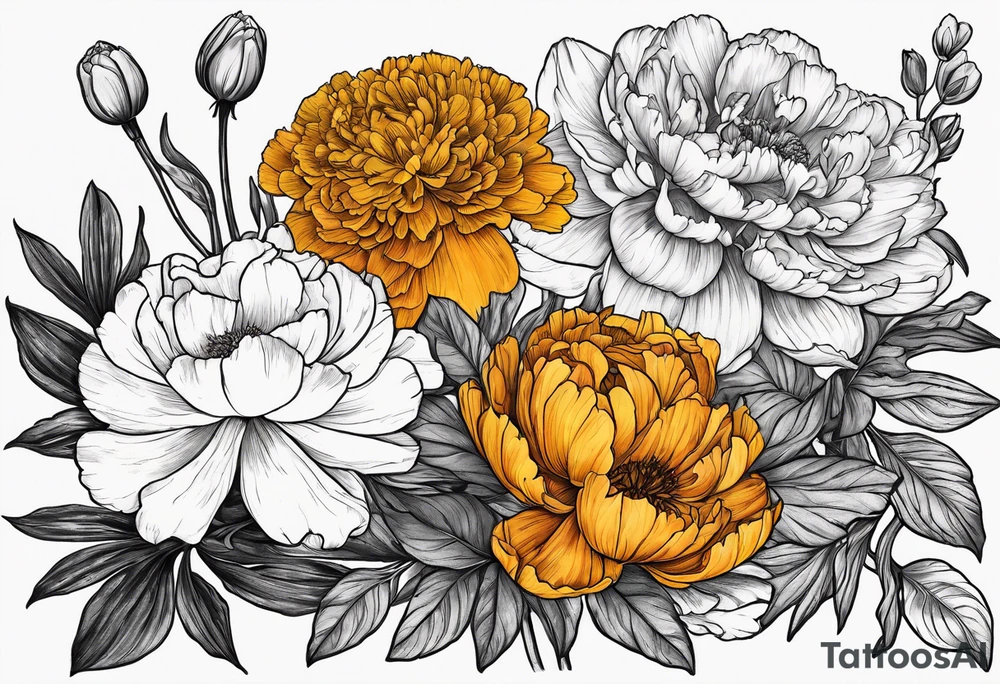 A stemless marigold, peony, and narcissus side by side. 3 flowers. tattoo idea