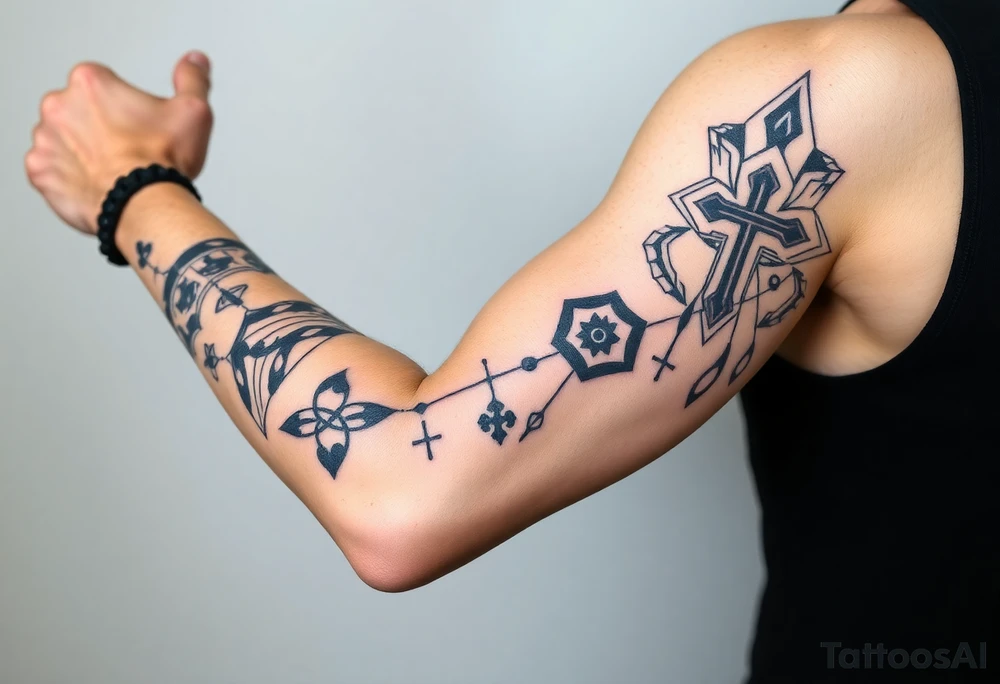 Cover right arm from shoulder to elbow, front and back.
Style is geométricas and tribal. Include healthy and wellness symbols, making a connection between the symbols. Include hearts and names of son and daughter small hidden in the symbols: Isabela, Gabriel, Laura.
Include cross
Draw should cover entire area. Full sleeve style tattoo idea