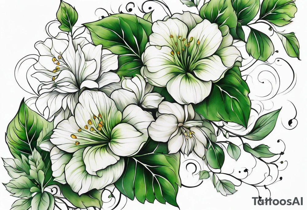 Vines with thick green leaves and muted flowers. Will start above the wrist and wrap around forarm ending at elbow tattoo idea