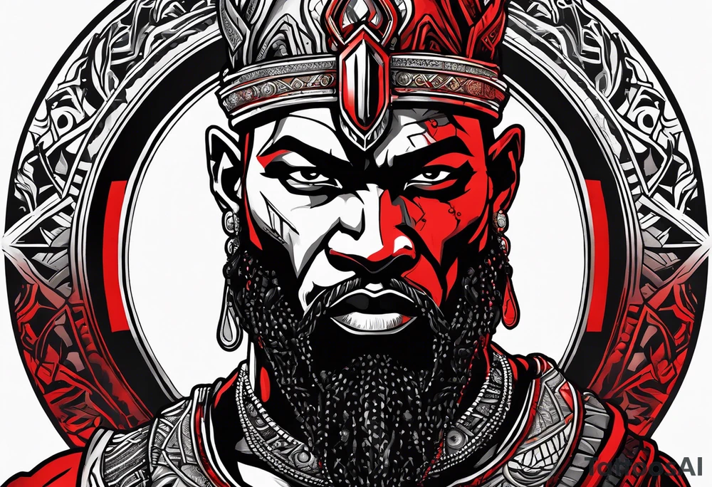 african god of war,  wearing a small metalic silver crown and wearing a red necklace tattoo idea