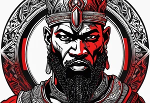 african god of war,  wearing a small metalic silver crown and wearing a red necklace tattoo idea