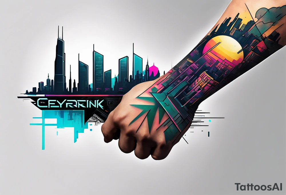 cyberpunk 2077, forearm tattoo, geometric, subtle, men, city skyline, bright colour, tattoo idea