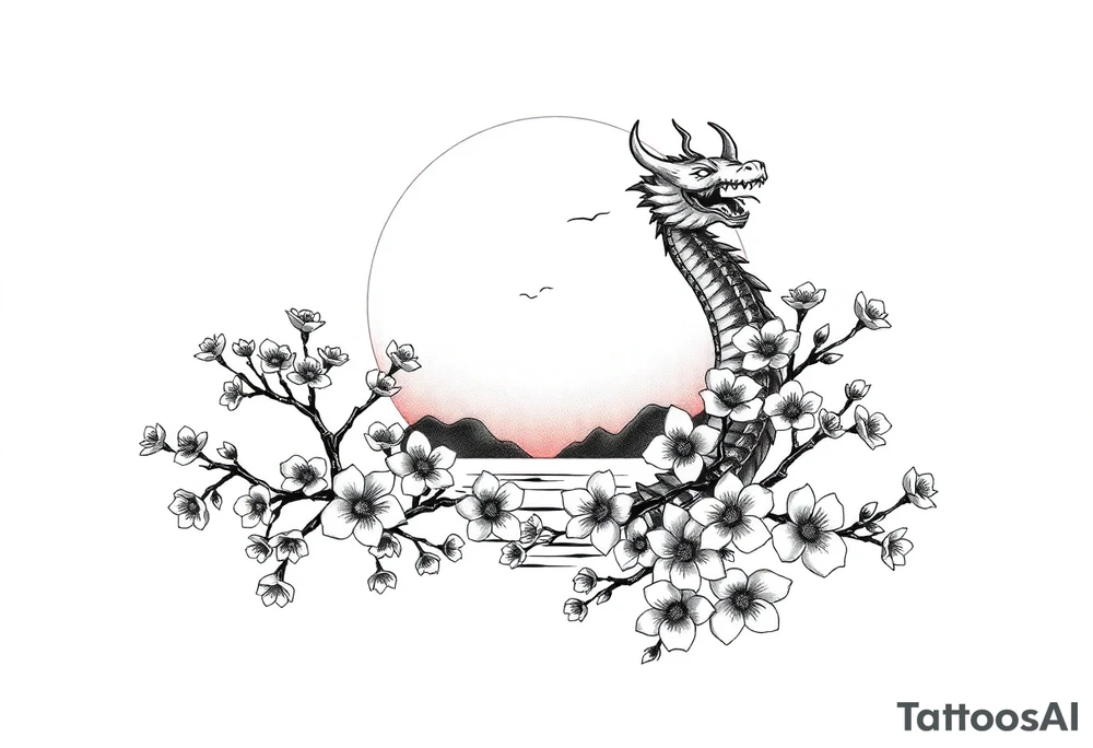 Dragon sunset Japan cherry blossoms tattoo idea