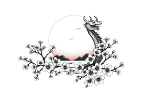 Dragon sunset Japan cherry blossoms tattoo idea