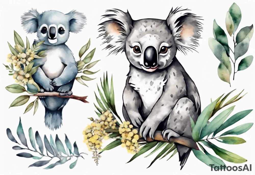 a koala and a kookaburra sitting on wattle and eucalyptus leaves tattoo idea