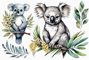 a koala and a kookaburra sitting on wattle and eucalyptus leaves tattoo idea