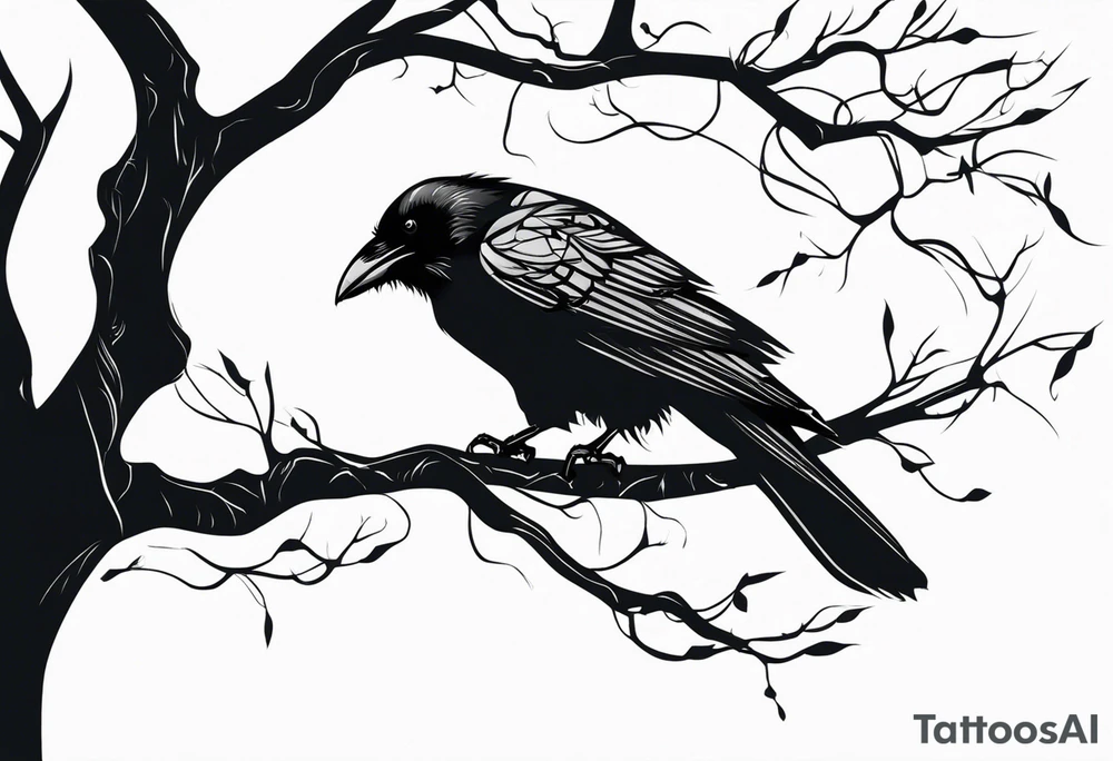a black raven hanging on a tree branch tattoo idea