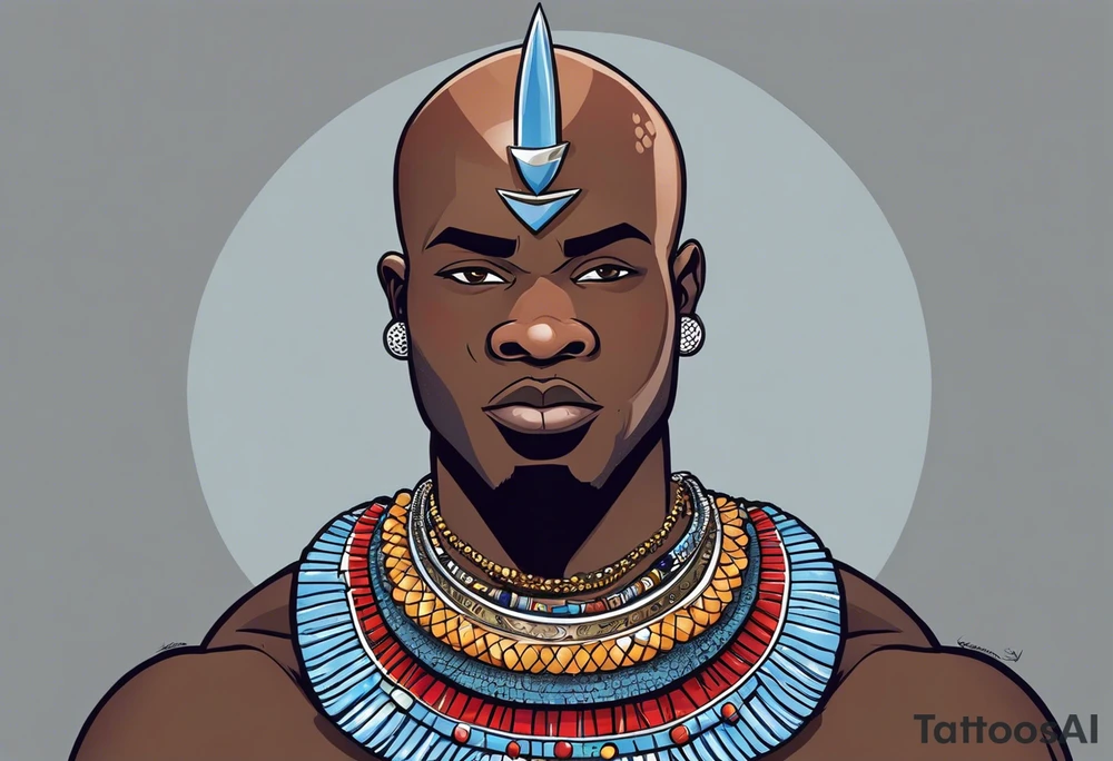 Black-skinned bald african warrior. He wears a simple and small silver crown. He uses two simple necklaces: one blue, other red. He has cowry shells in his crown tattoo idea