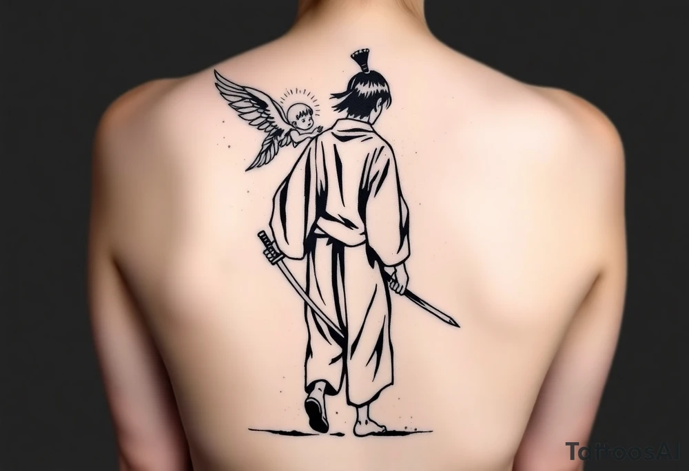 "Blackwork tattoo sketch of a lone samurai walking forward, shown in dramatic silhouette style. The samurai wears traditional kimono and hakama, holding a katana in one hand with the blade pointing downward. Behind him floats a small child angel with detailed feathered wings, gently touching the samurai’s back with one hand, as if stopping or guiding him. Strong contrast, dynamic ink splatter, rough brush strokes, Japanese sumi-e vibe, emotional and symbolic composition, high detail linework, no background." tattoo idea