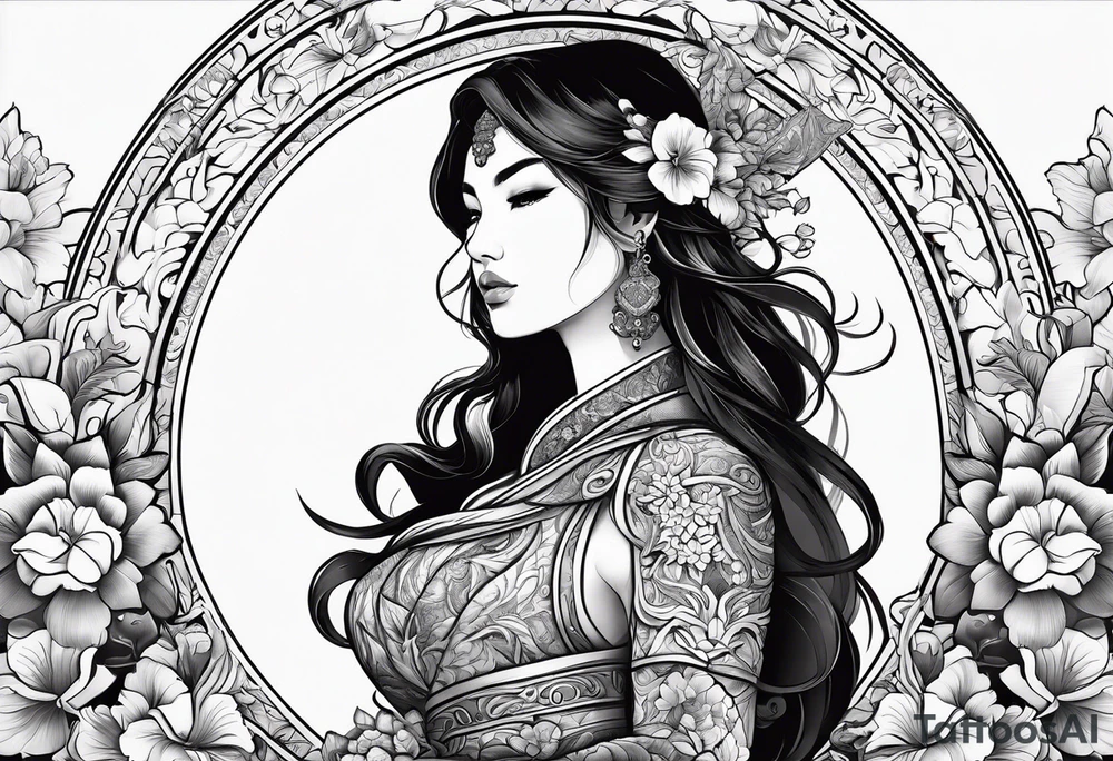 ornate beautiful woman warrior with weapon & floral arch background tattoo from head to torso tattoo idea