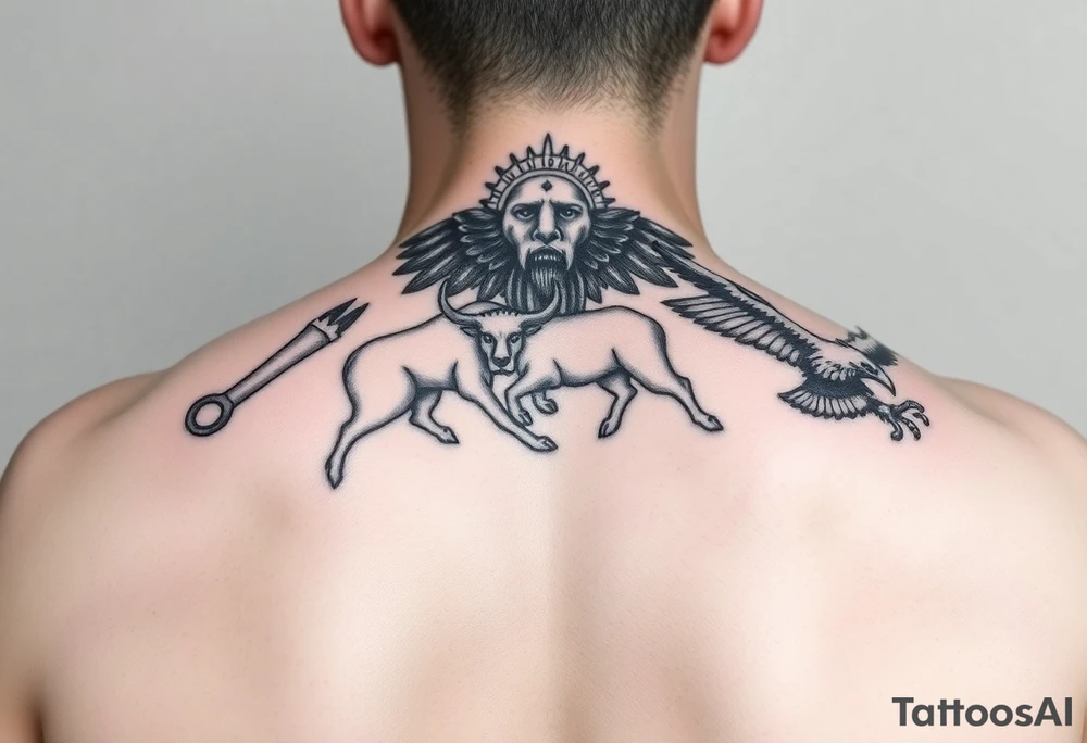 The concept is the 4 incorporeal creatures a man, a lion, an ox, and an eagle carrying the throne of God. Those four creatures are the main elements I’m looking for in the sleeve. With the rest I would like to see your creative/artistic approach.

The Creatures 
Lion: Representing power, courage, and Christ’s victory.
Ox/Calf: Signifying sacrifice and the strength of domesticated animals.
Man: Symbolizing humanity and Christ’s incarnation.
Eagle: Representing divinity, grace, and Christ’s ascension. tattoo idea