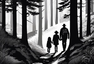 A shadow of a Man and Woman and young son and young daughter  walking through the Pacific Northwest Forrest. Catholic tattoo idea