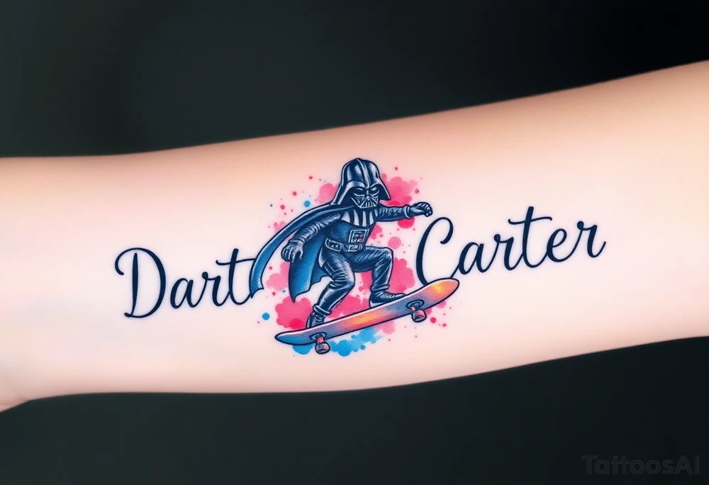 Darth Vader skateboarding >
blue & red
skateboard words "Darth Carter"
add date 12/29/88-01/06/24 tattoo idea