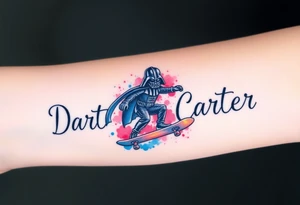 Darth Vader skateboarding >
blue & red
skateboard words "Darth Carter"
add date 12/29/88-01/06/24 tattoo idea