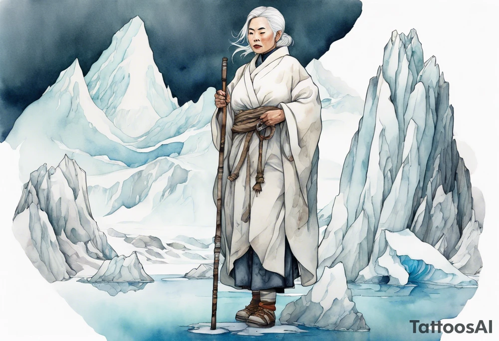 a 40 year old Inuit woman with white hair and a white robe holding a white hiking stick, standing on an iceberg, kind tattoo idea
