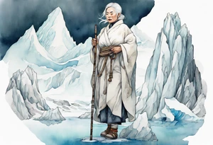 a 40 year old Inuit woman with white hair and a white robe holding a white hiking stick, standing on an iceberg, kind tattoo idea