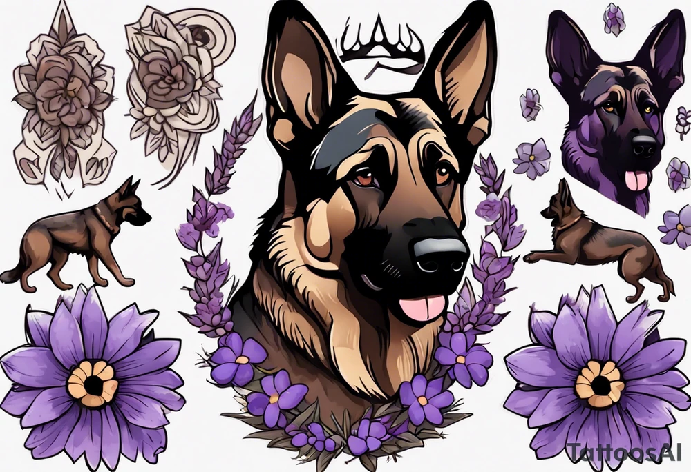 Dark Brown female German shepherd portrait surrounded by purple daisies tattoo idea