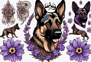 Dark Brown female German shepherd portrait surrounded by purple daisies tattoo idea