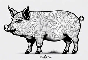 minimalist tattoo of a cute pig or piglet that contains text: "friends. not food" 

only very thin lines. no shading. black and white only tattoo idea