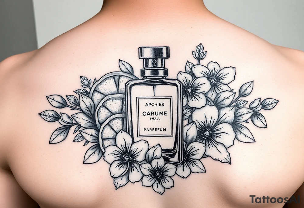 Modern perfume bottle surrounded by sliced citruses, woods, water and violet flowers tattoo idea