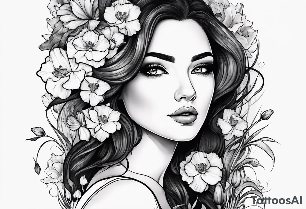 Woman surrounded by One carnation
One snow drop
One iris
One poppy
One cosmo
One narcissus tattoo idea