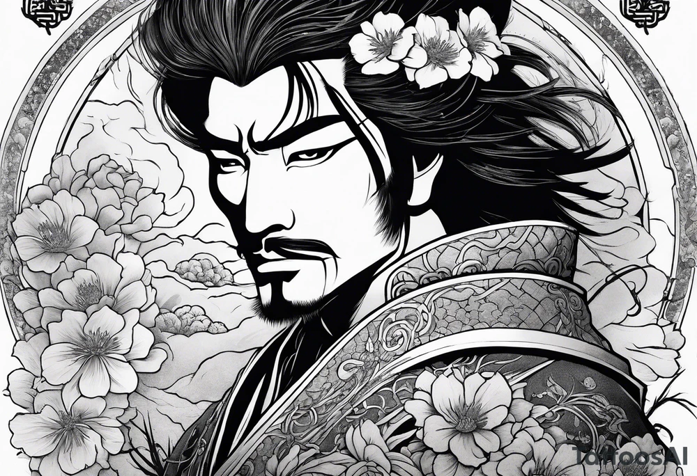 samurai experiencing enlightenment making dead flowers bloom around him tattoo idea