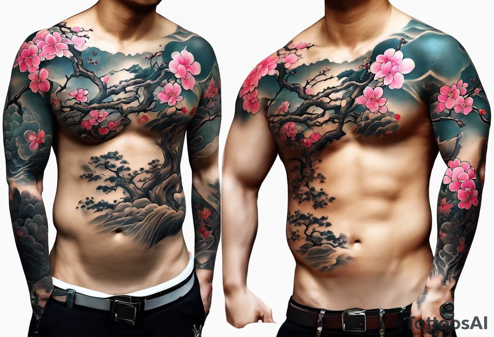 Japanese tattoo sleeve with a sakura tree tattoo idea